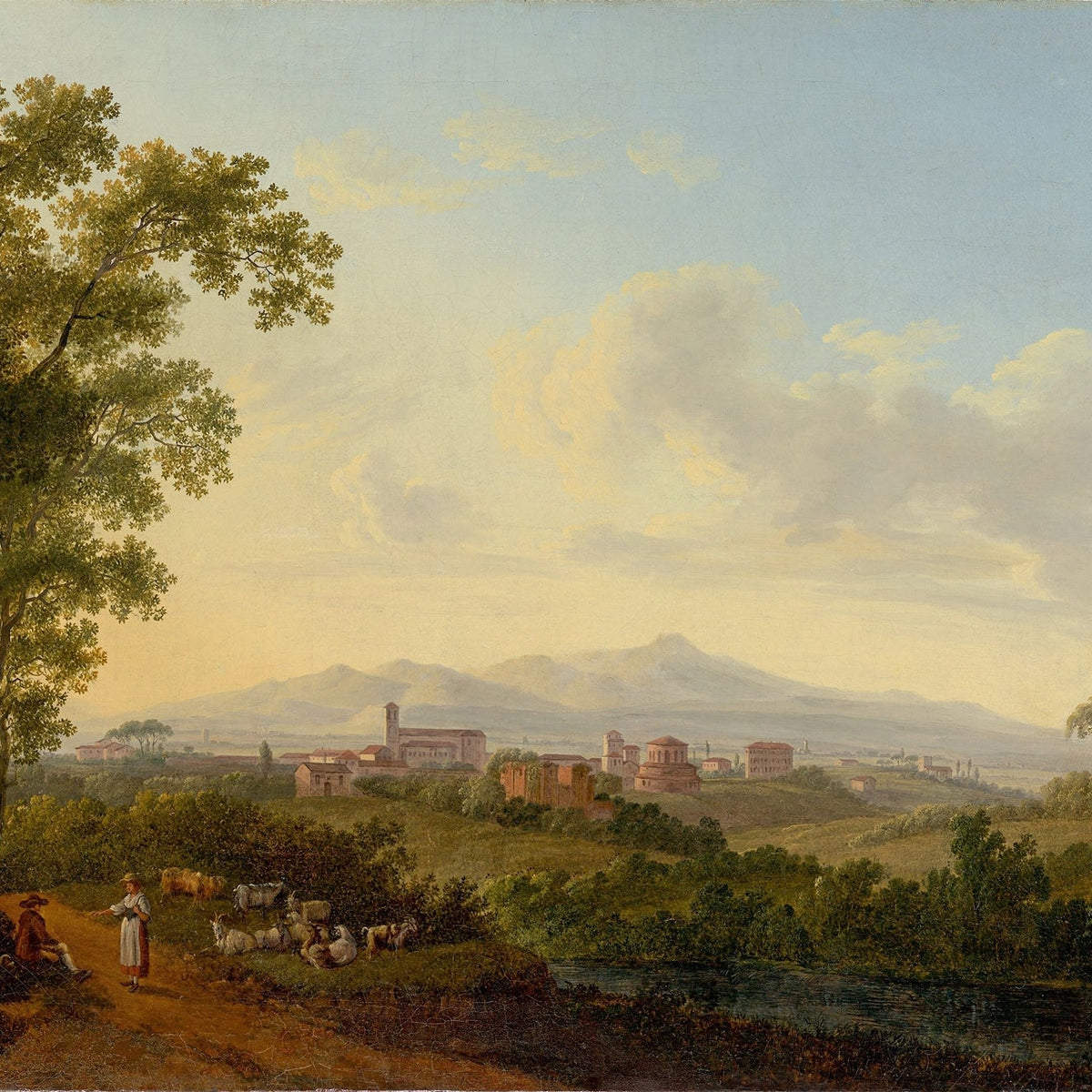 Landscape Oil Painting - Italian Rural Village, Shepherds & Mountain View - Oil Painting Haven