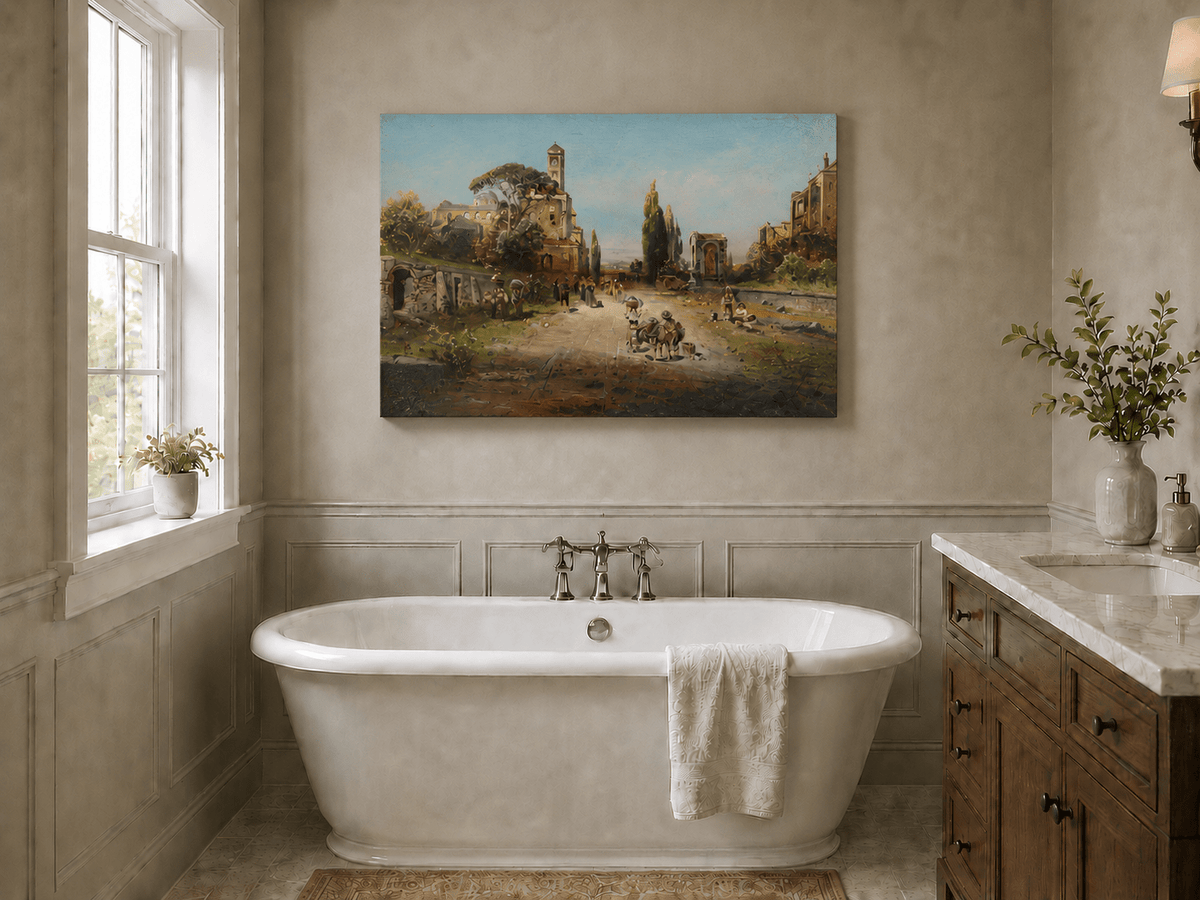 Landscape Oil Painting - Italian Town Street: Historic Buildings