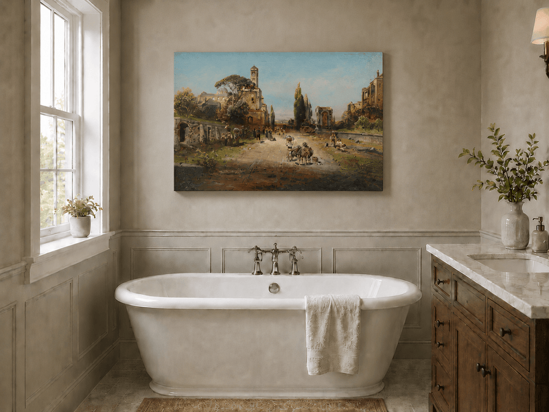 Landscape Oil Painting - Italian Town Street: Historic Buildings