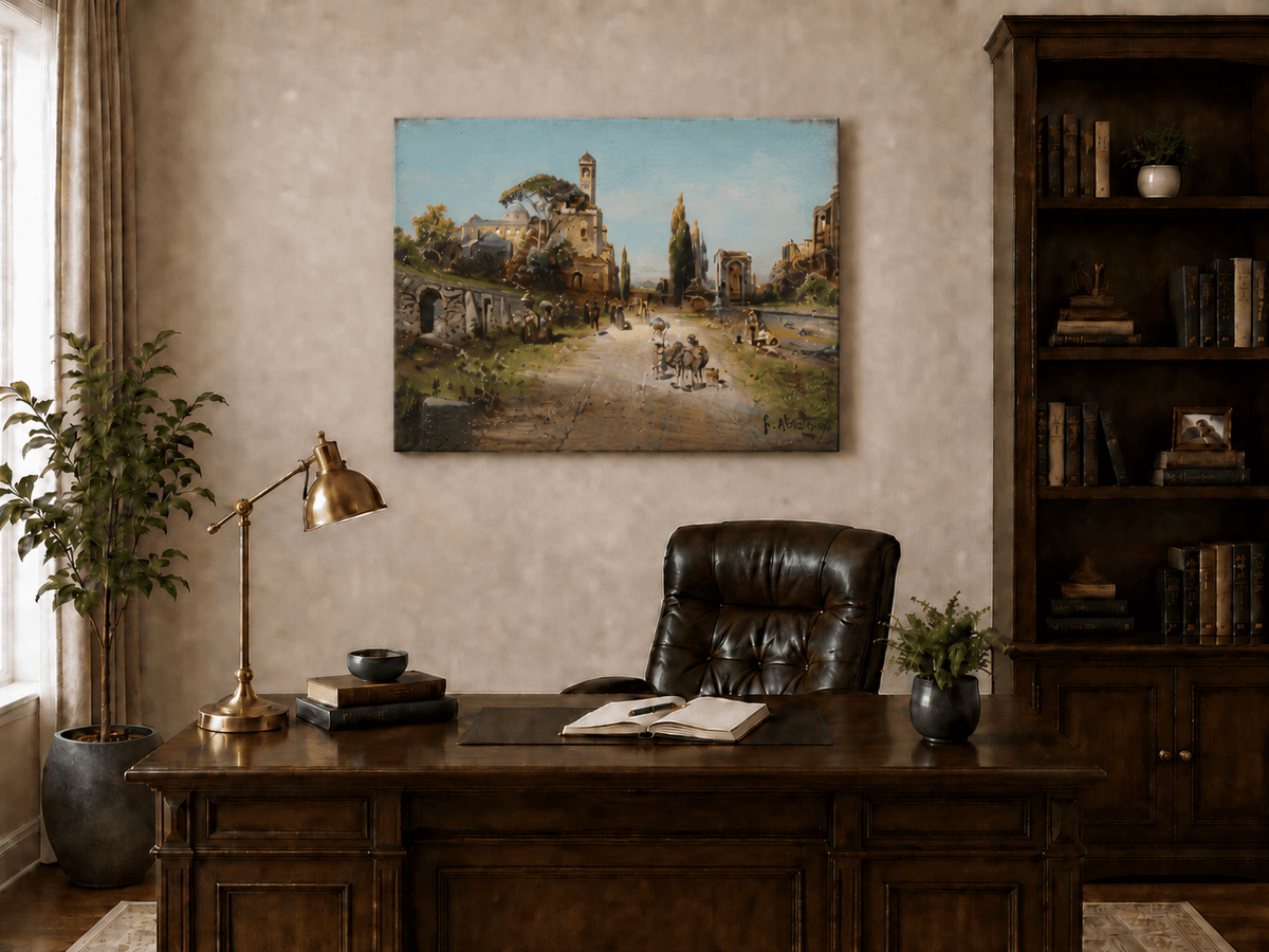 Landscape Oil Painting - Italian Town Street: Historic Buildings