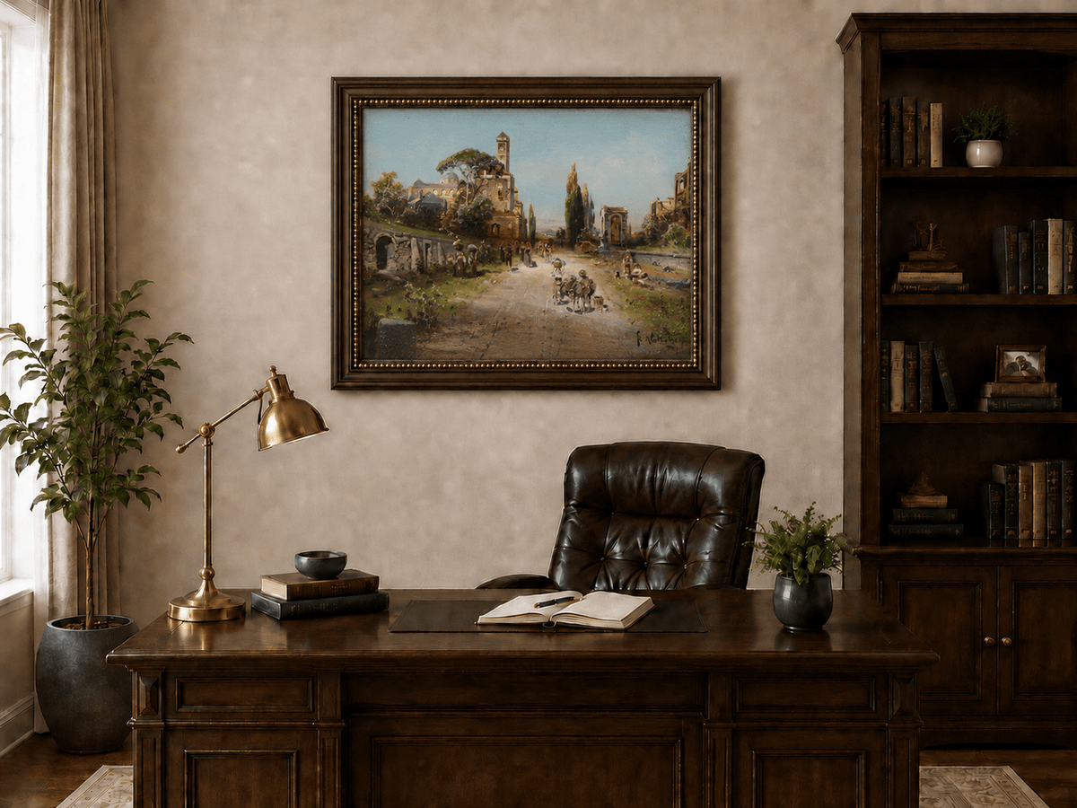 Landscape Oil Painting - Italian Town Street: Historic Buildings