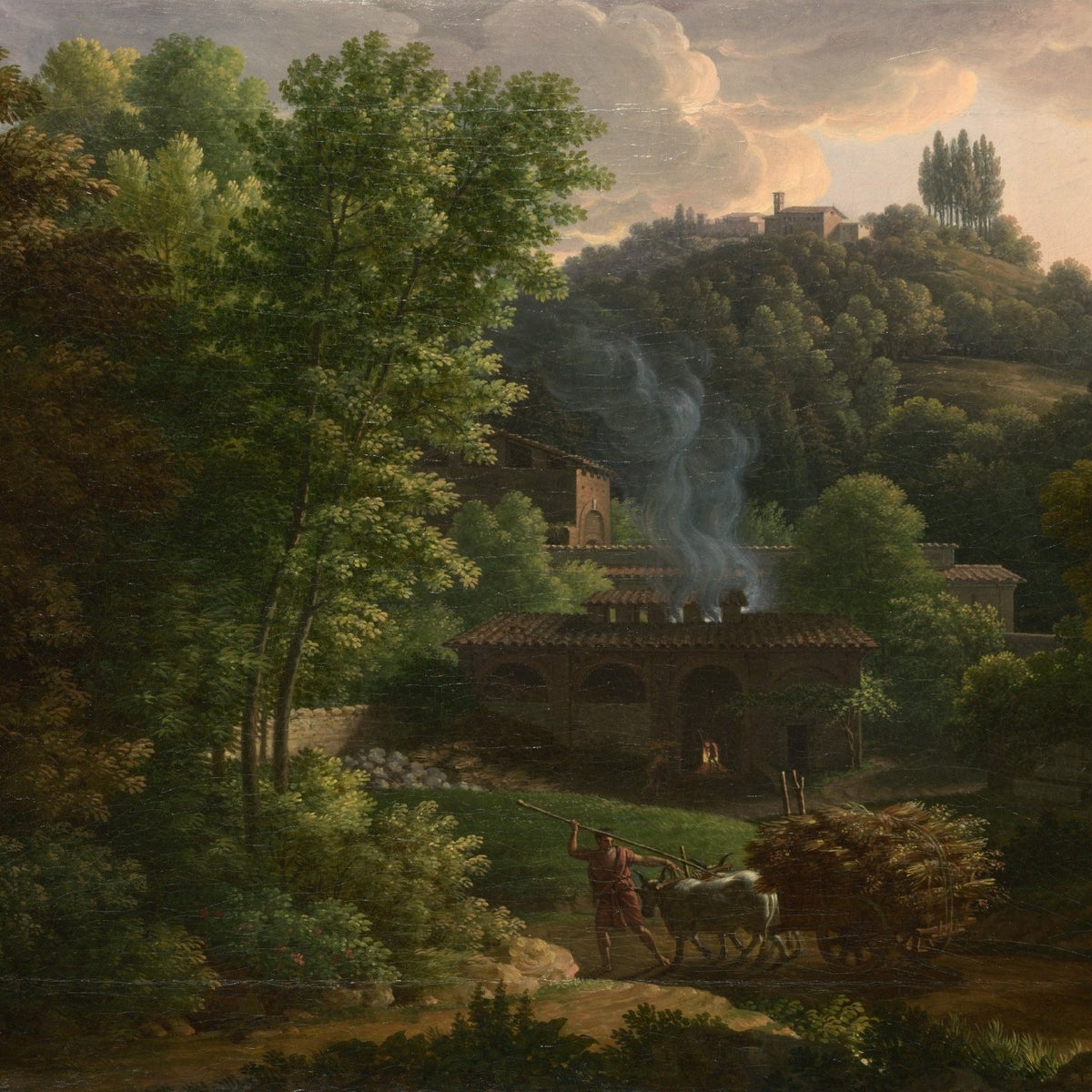 Hand-painted italian woodland farm at dusk landscape oil painting on canvas