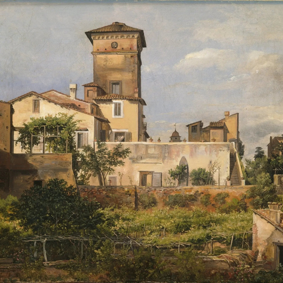 Landscape Oil Painting - Italianate Villa Scene with Tower and Greenery - Oil Painting Haven