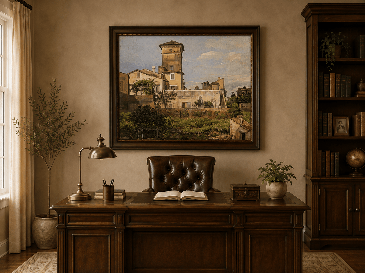 Italianate villa scene with tower landscape oil painting presented in an interior wall art mockup.