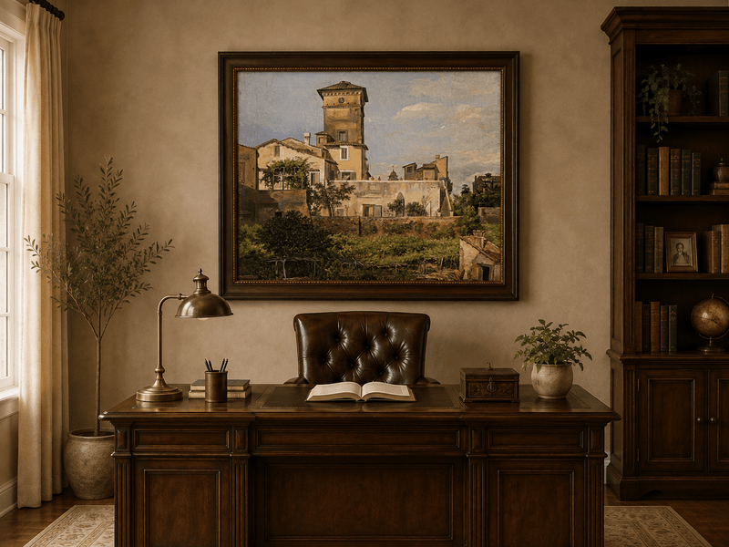 Italianate villa scene with tower landscape oil painting presented in an interior wall art mockup.