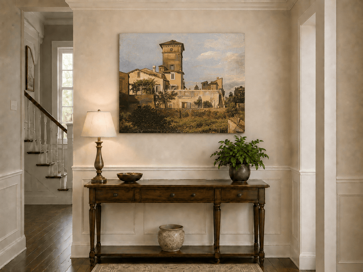 Italianate villa and greenery landscape painting shown as decorative oil wall art.