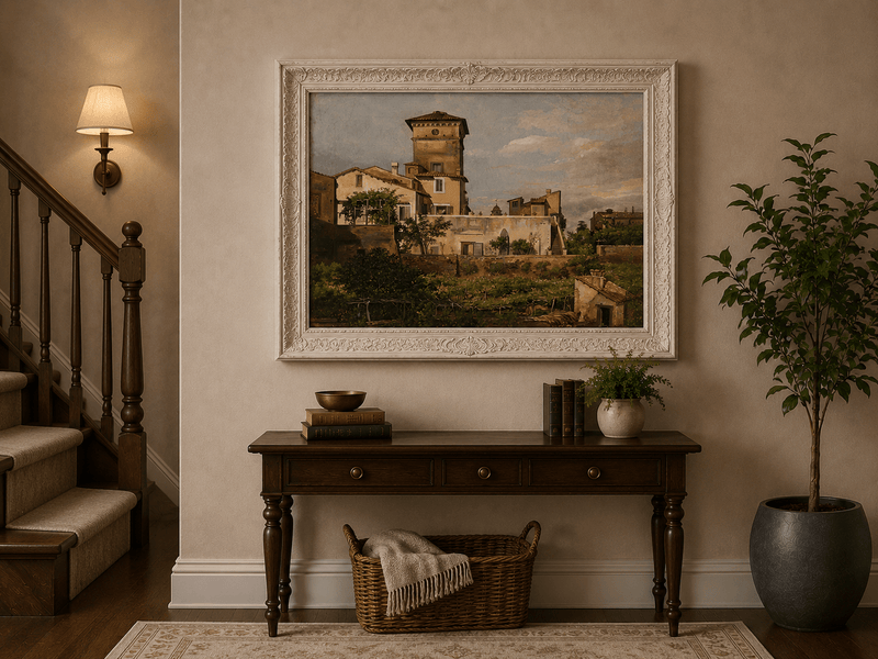 Italianate villa, tower and greenery hand-painted oil artwork shown as home wall decor.
