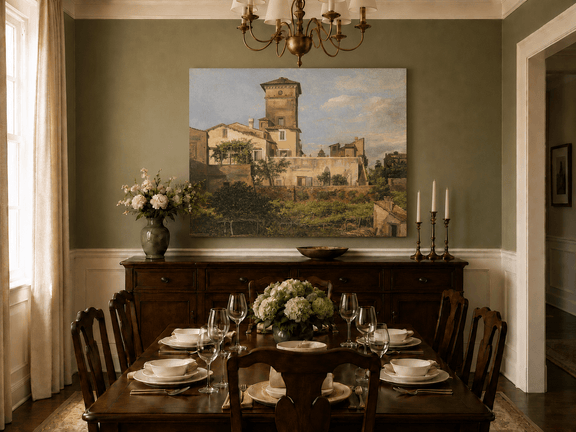 Hand-painted Italianate villa landscape artwork in an interior display.