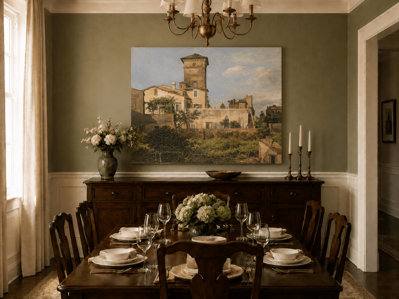Hand-painted Italianate villa landscape artwork in an interior display.
