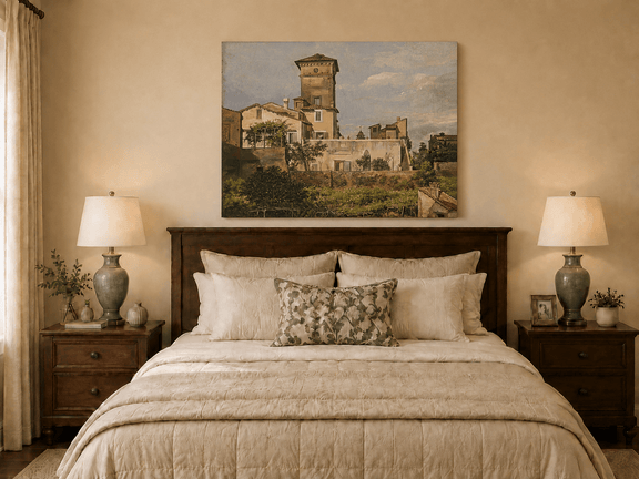 Italianate villa tower oil painting displayed as landscape wall decor.