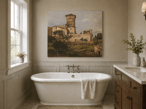 Italianate villa with tower and greenery landscape oil painting presented as styled home decor.