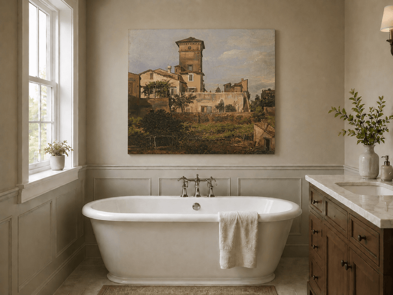Italianate villa with tower and greenery landscape oil painting presented as styled home decor.