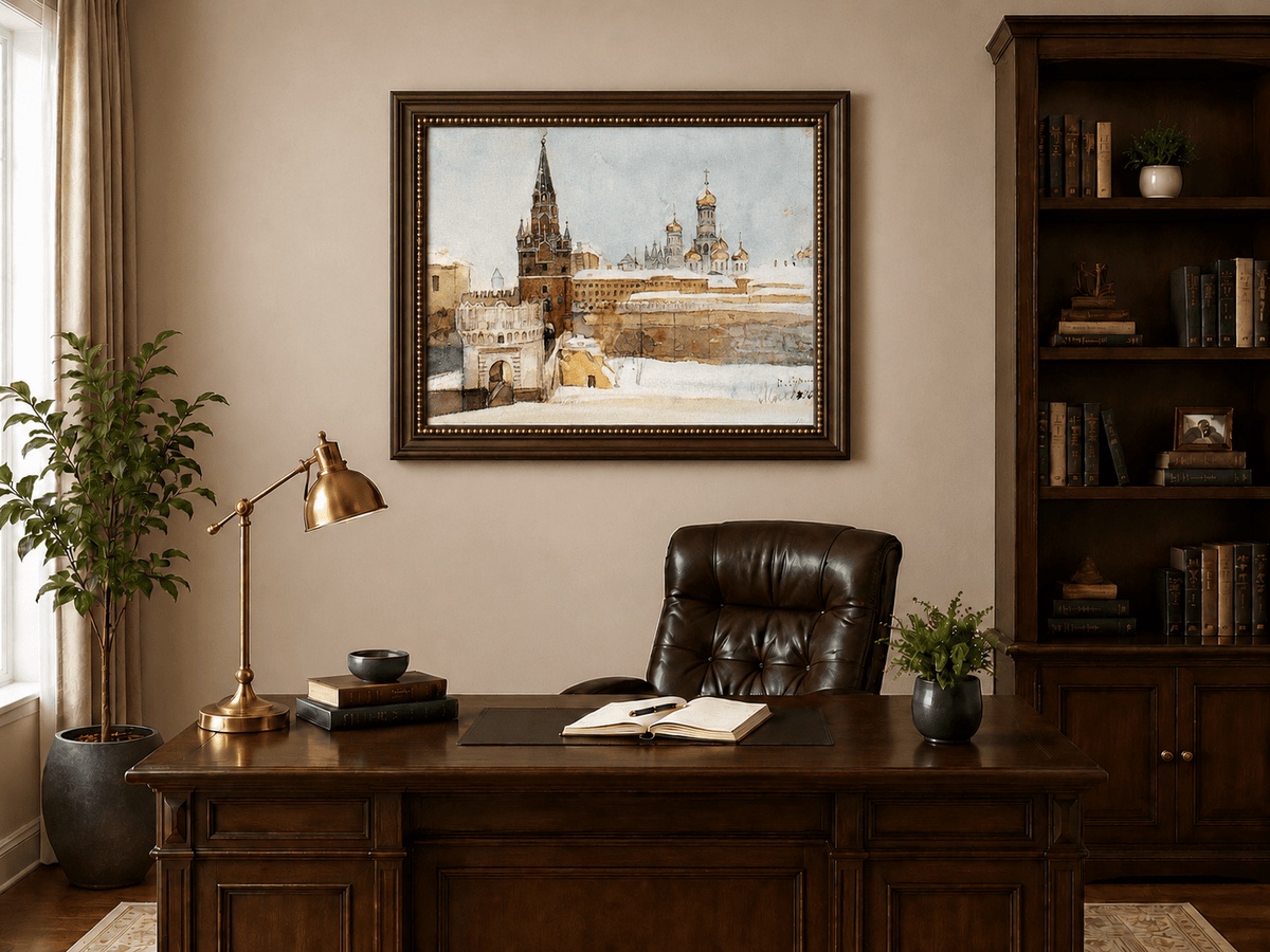 Landscape Oil Painting - Kremlin Winter View with Red Tower