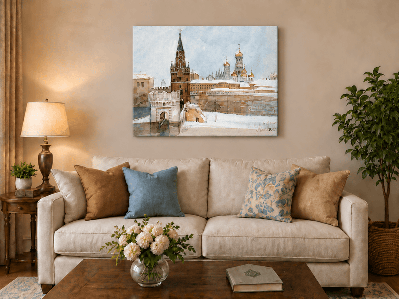 Landscape Oil Painting - Kremlin Winter View with Red Tower