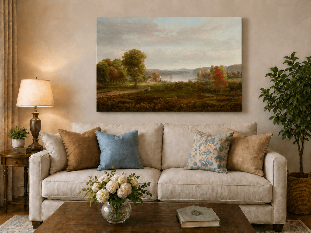 Ölgemälde Landschaft – See, Herbstbäume & Personen auf Grasfläche