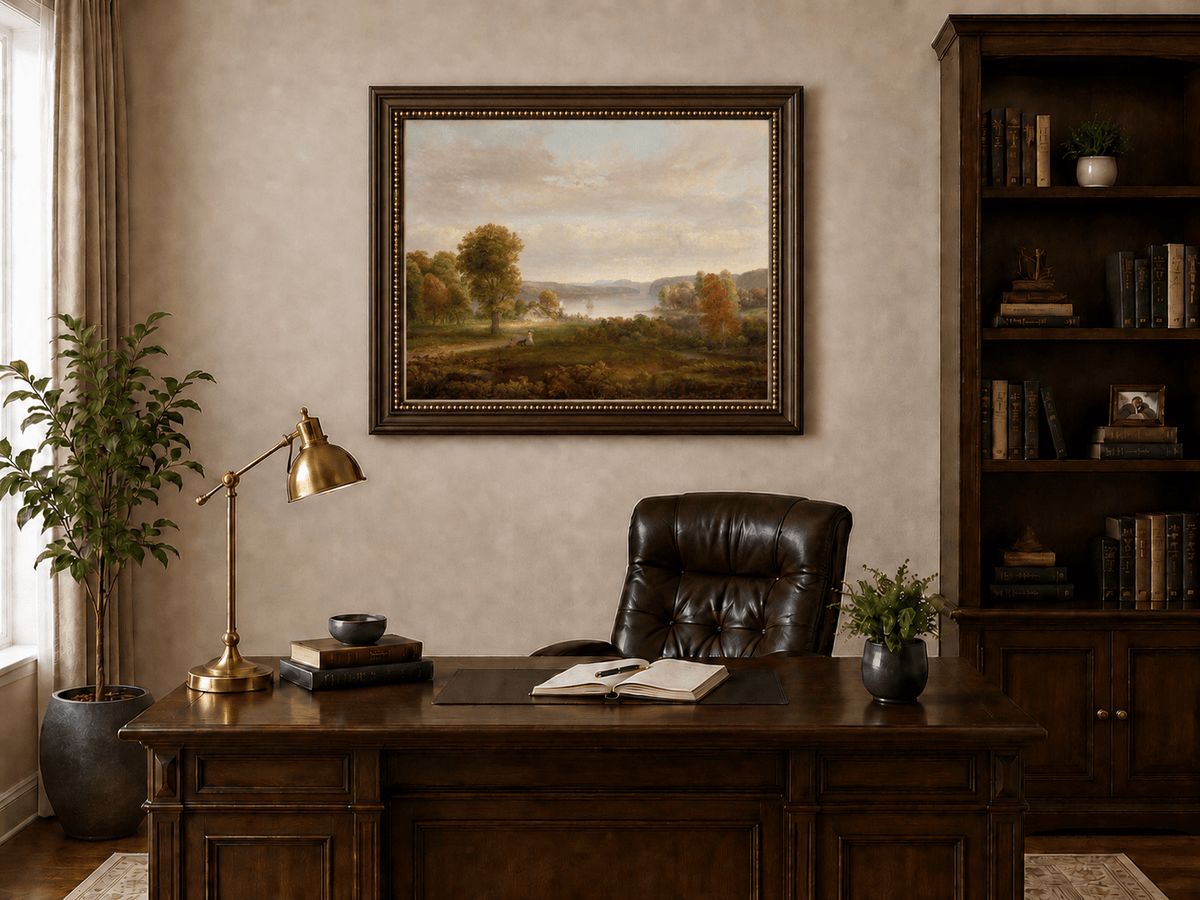 Ölgemälde Landschaft – See, Herbstbäume & Personen auf Grasfläche