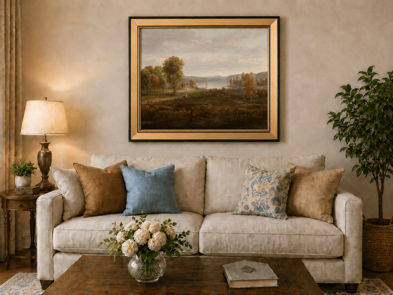 Ölgemälde Landschaft – See, Herbstbäume & Personen auf Grasfläche