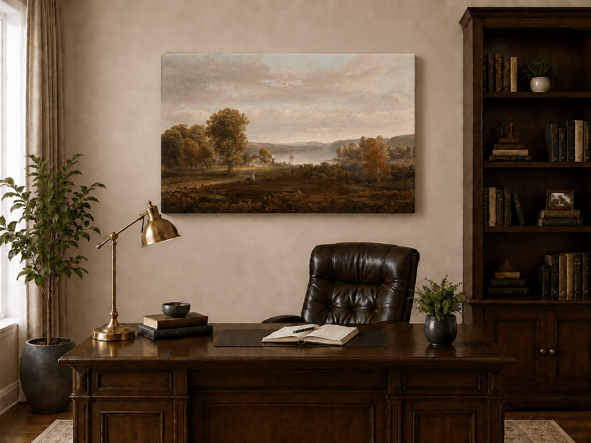 Ölgemälde Landschaft – See, Herbstbäume & Personen auf Grasfläche