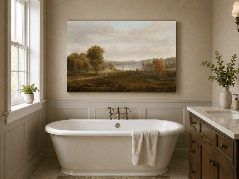 Ölgemälde Landschaft – See, Herbstbäume & Personen auf Grasfläche