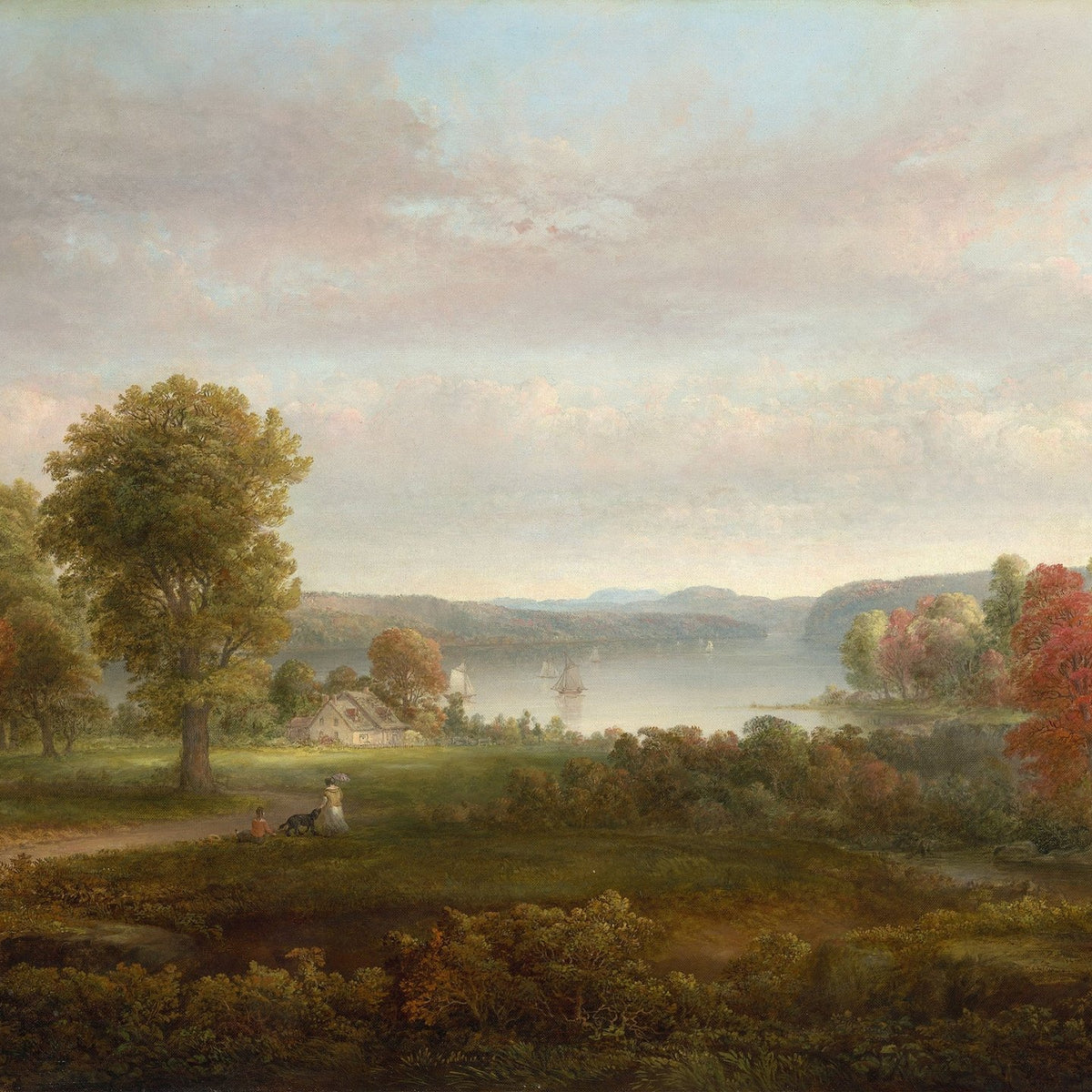 Landscape Oil Painting - Lake, Autumn Trees & Figures on Grassy Shore - Oil Painting Haven