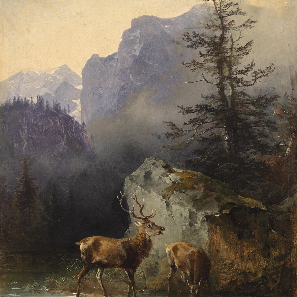 Landscape Oil Painting - Lake Deer Pair: Misty Mountain & Rocky Forest - Oil Painting Haven