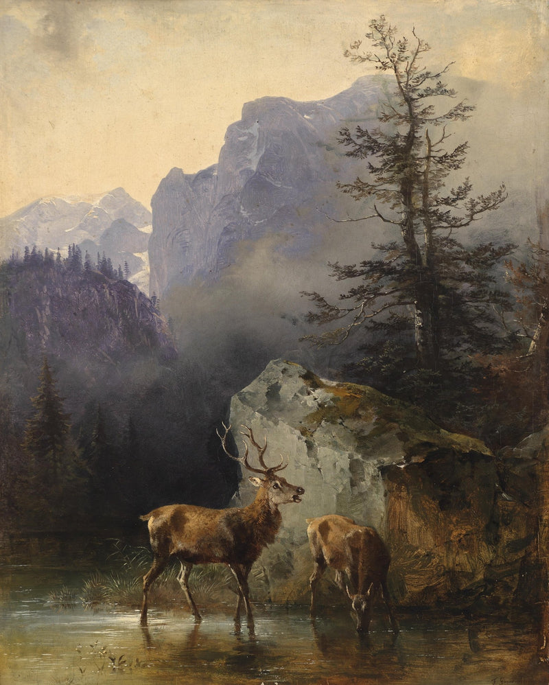 Landscape Oil Painting - Lake Deer Pair: Misty Mountain & Rocky Forest - Oil Painting Haven