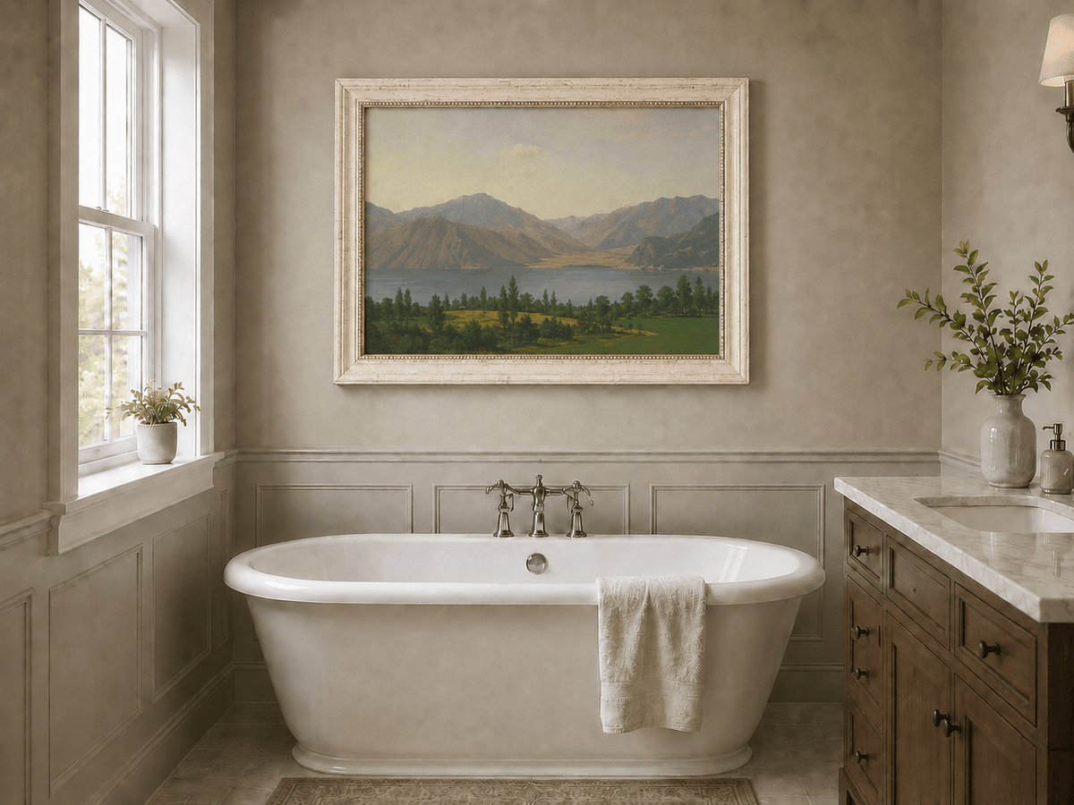 Hand-painted Lake Fucino and Abruzzi Mountains landscape oil painting displayed in a bathroom interior above a bathtub.