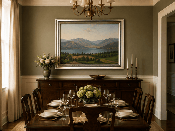 Hand-painted Lake Fucino and Abruzzi Mountains landscape oil painting displayed in a dining room interior.