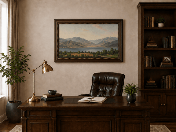 Hand-painted Lake Fucino and Abruzzi Mountains landscape oil painting displayed above a desk in a home office interior.
