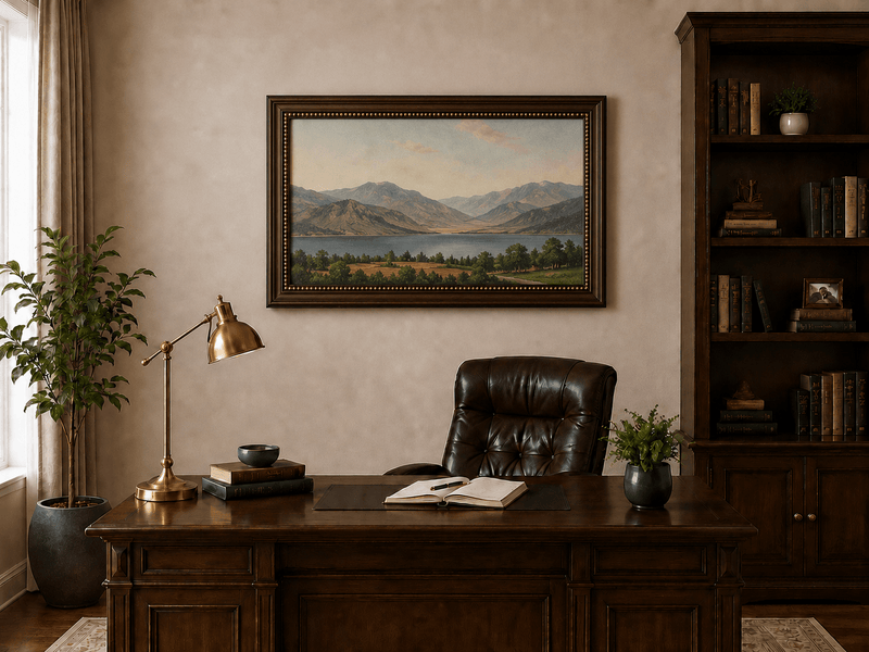 Hand-painted Lake Fucino and Abruzzi Mountains landscape oil painting displayed above a desk in a home office interior.