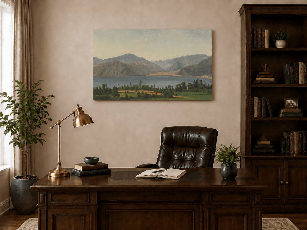 Hand-painted Lake Fucino and Abruzzi Mountains landscape oil painting displayed above a desk in a home office interior.