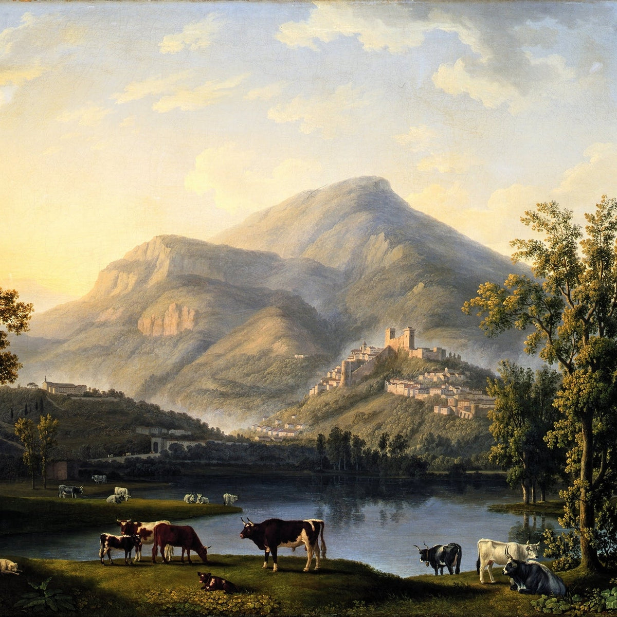 Landscape Oil Painting - Lake, Hilltop Town & Mountain at Golden Hour - Oil Painting Haven