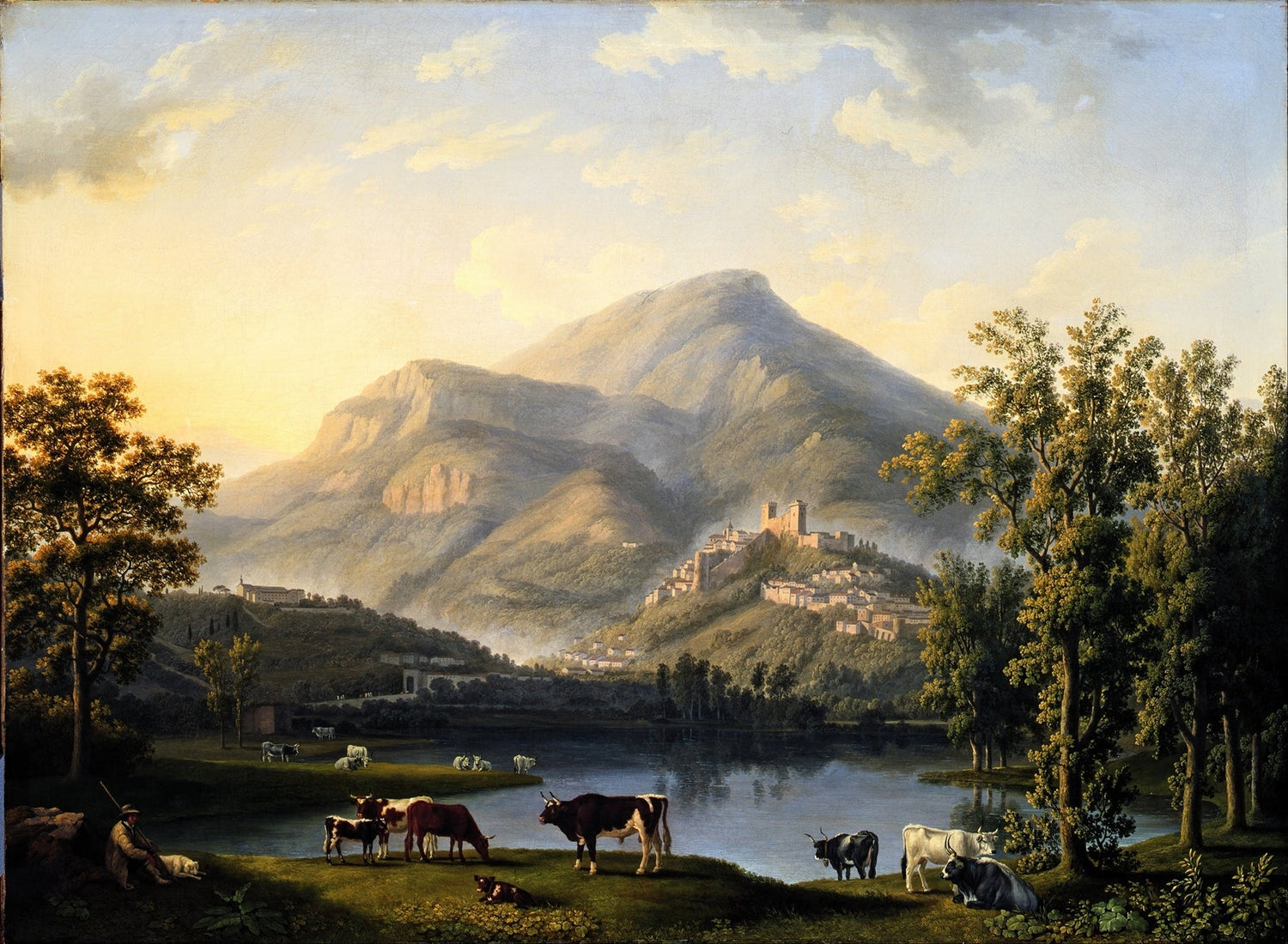 Landscape Oil Painting - Lake, Hilltop Town & Mountain at Golden Hour - Oil Painting Haven
