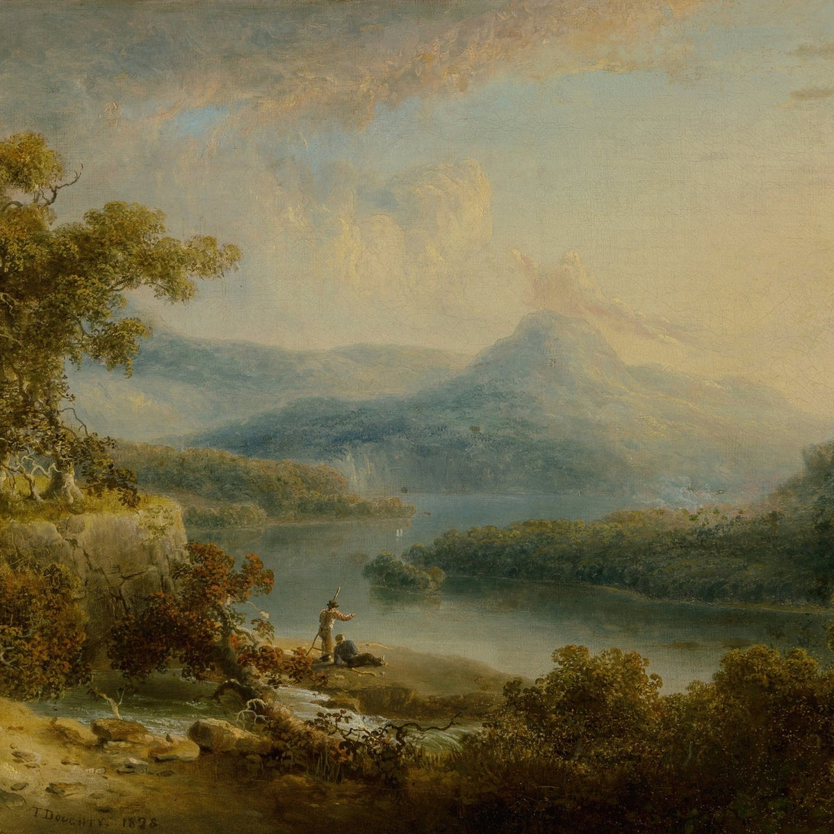 Landscape Oil Painting - Lake, Lakeside Angler & Mountain Peaks - Oil Painting Haven