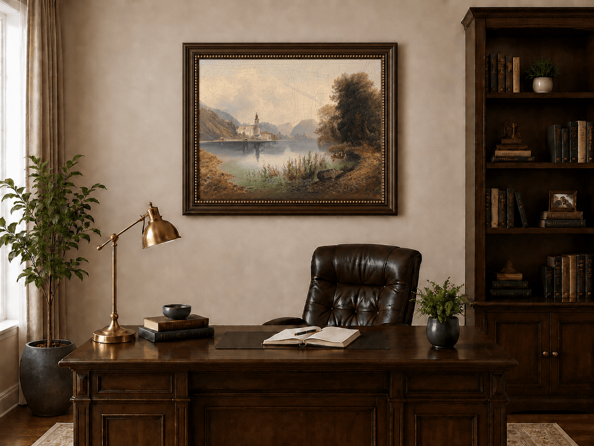Lake and lakeside church landscape oil painting presented in an interior wall art mockup.