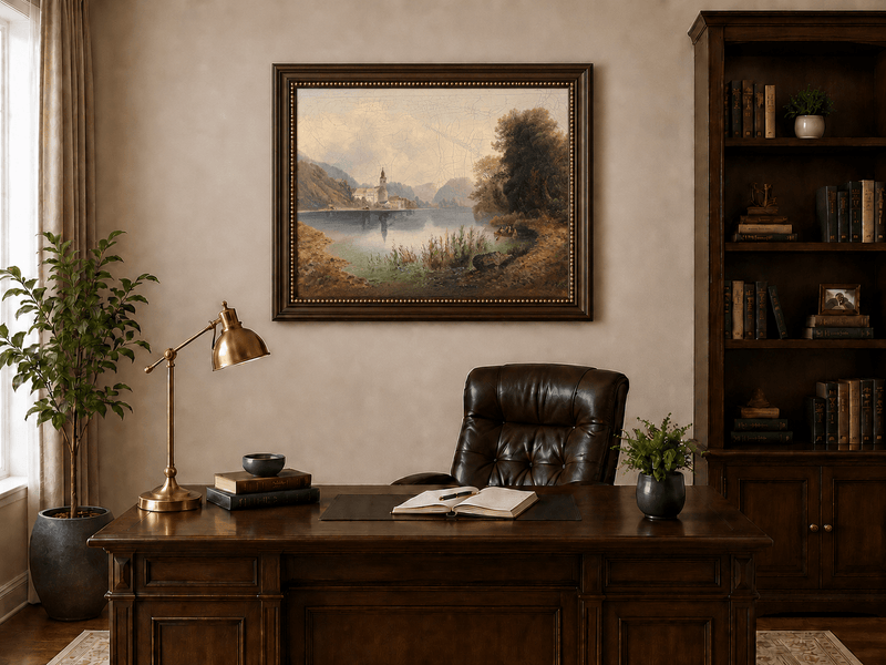 Lake and lakeside church landscape oil painting presented in an interior wall art mockup.