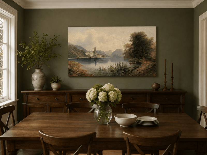 Hand-painted lakeside church complex landscape artwork in an interior display.