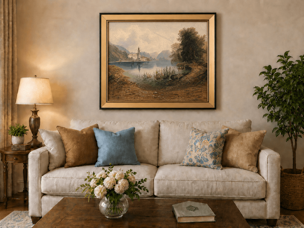 Lake with lakeside church complex and rowboat landscape oil painting displayed in a styled home interior.