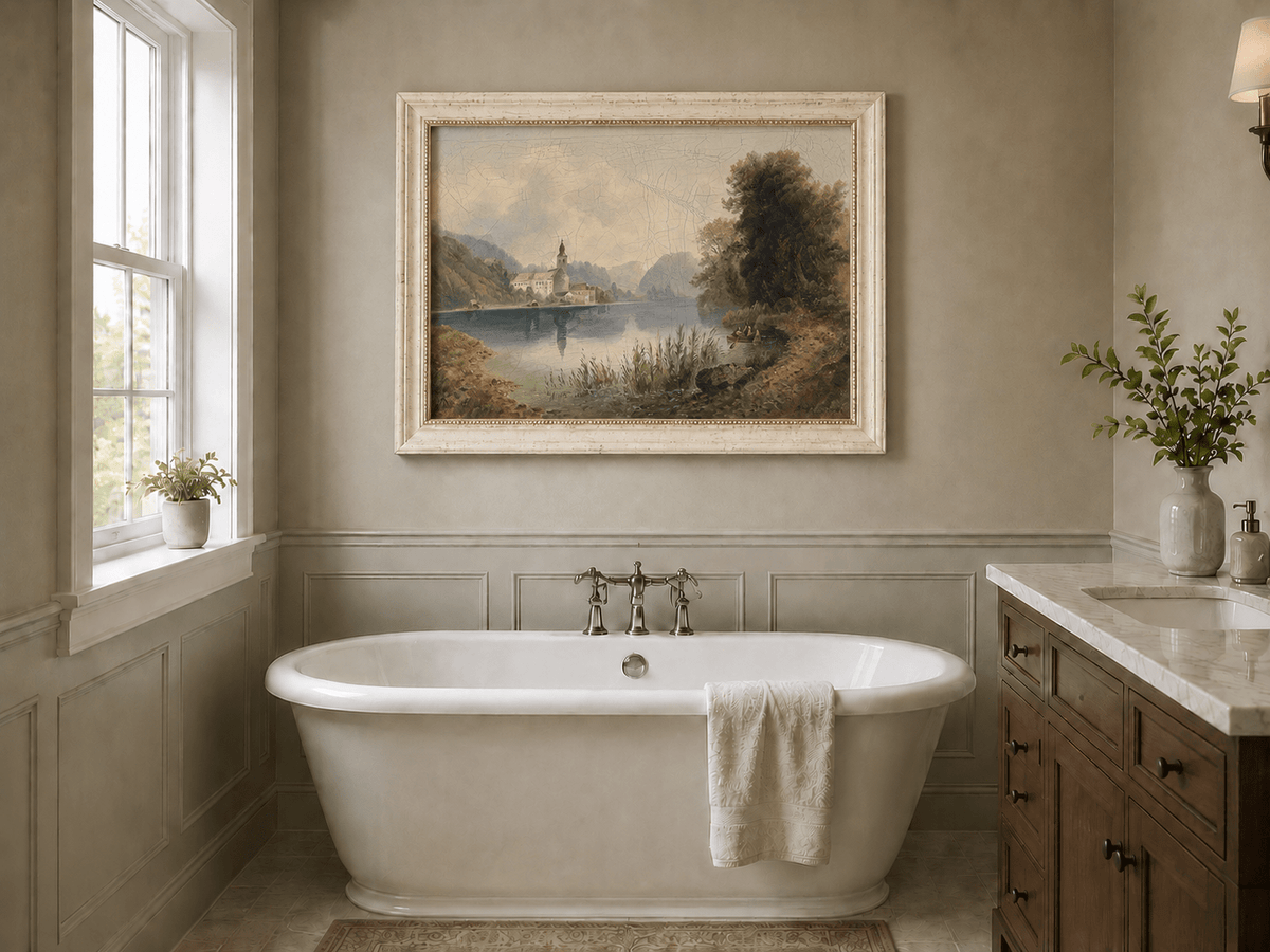 Lake with church complex and rowboat landscape oil painting presented as interior home decor.