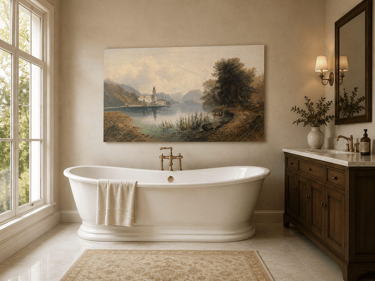 Lake, lakeside church complex and rowboat landscape oil painting presented as styled home decor.