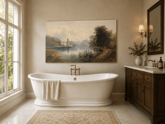 Lake, lakeside church complex and rowboat landscape oil painting presented as styled home decor.