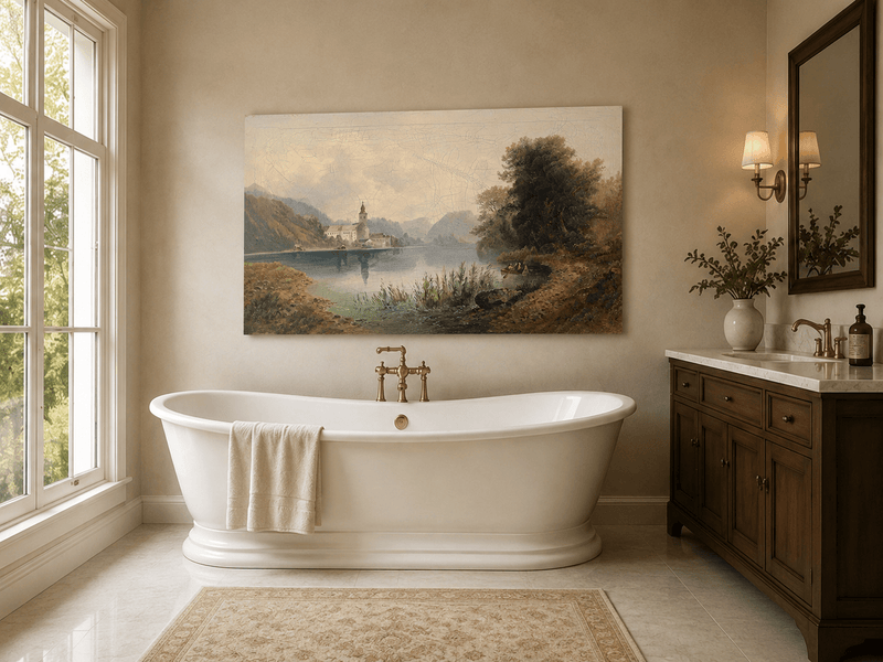Lake, lakeside church complex and rowboat landscape oil painting presented as styled home decor.