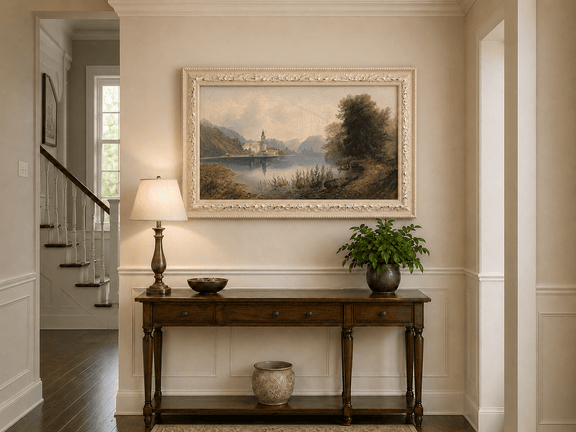 Lakeside church complex and rowboat hand-painted oil artwork shown as home wall decor.