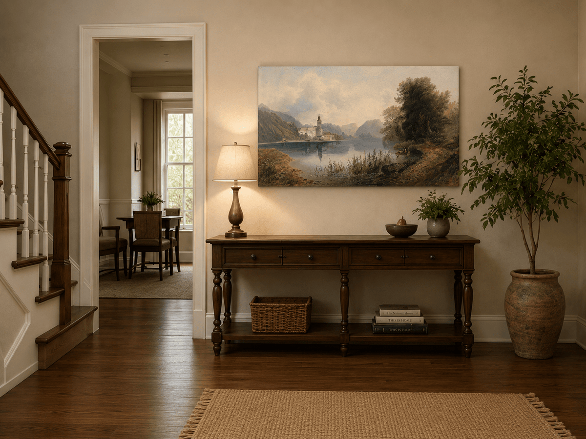 Lake and rowboat landscape painting shown as decorative oil wall art.