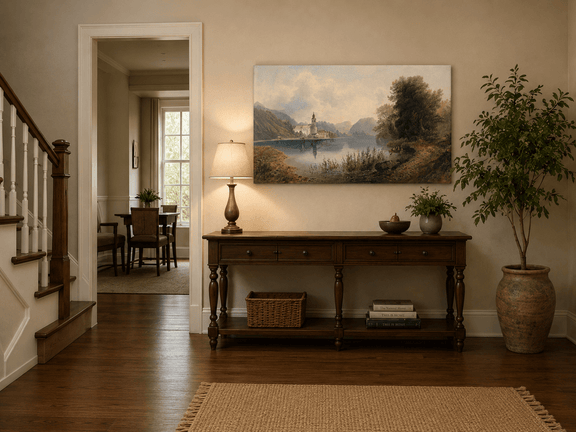 Lake and rowboat landscape painting shown as decorative oil wall art.
