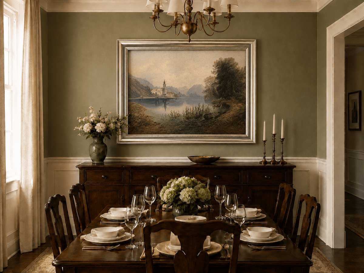 Lakeside church and rowboat oil landscape artwork shown in a styled home interior.