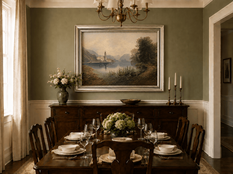 Lakeside church and rowboat oil landscape artwork shown in a styled home interior.