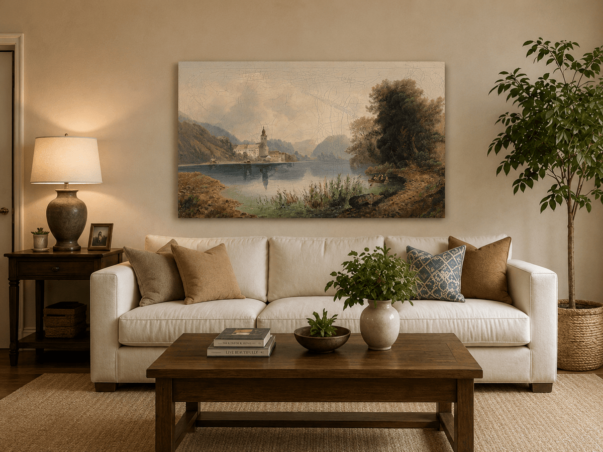 Lakeside church complex hand-painted oil artwork displayed in a second interior view.