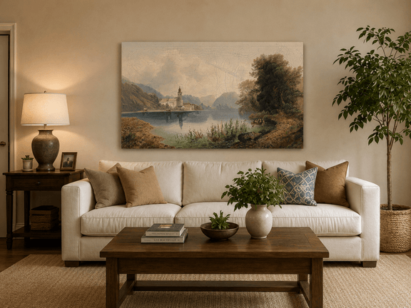 Lakeside church complex hand-painted oil artwork displayed in a second interior view.