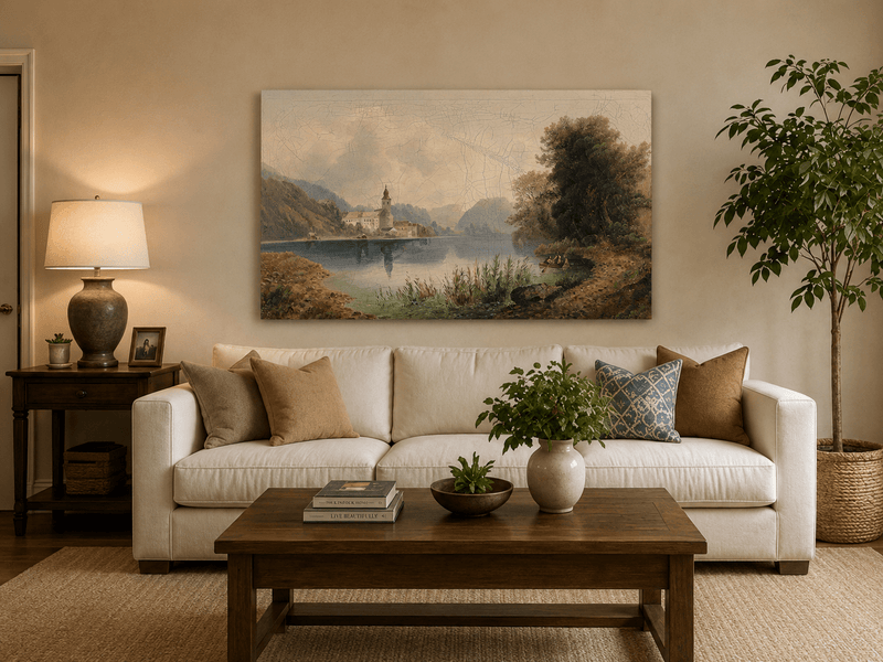 Lakeside church complex hand-painted oil artwork displayed in a second interior view.